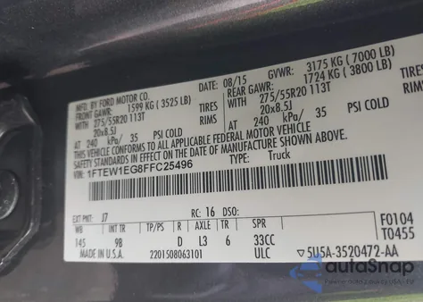 2015 Ford F-150 Platinum z USA, uszkodzony, nr VIN 1FTEW1EG8FFC25496